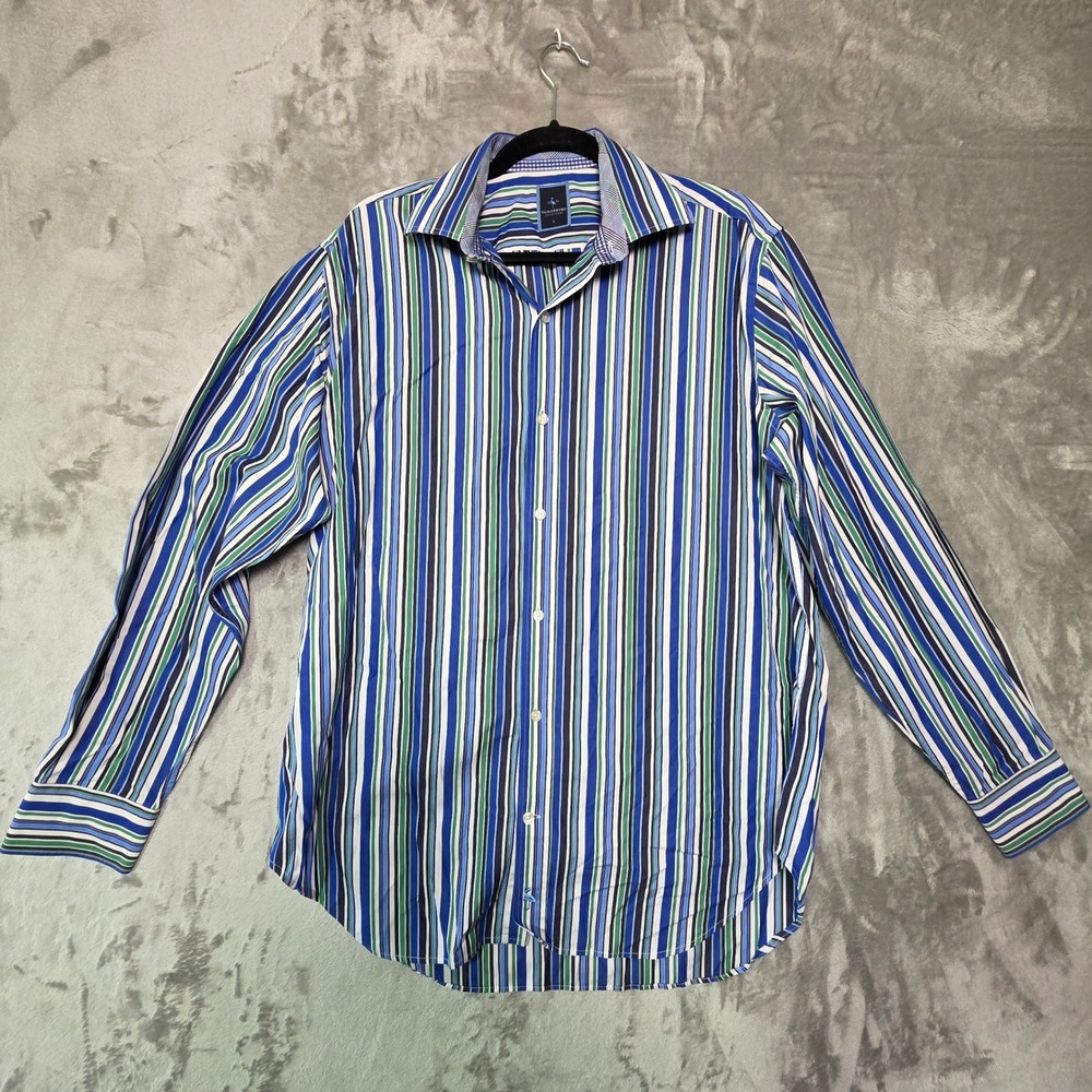 Tailorbyrd Collection Mens Large Blue Green Striped 2-Ply Cotton Button Down